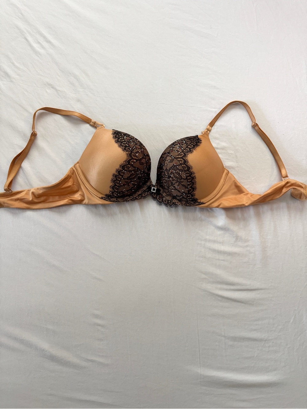 Victoria's Secret Miraculous Plunge Satin Push-Up Bra in Gold and Black Lace